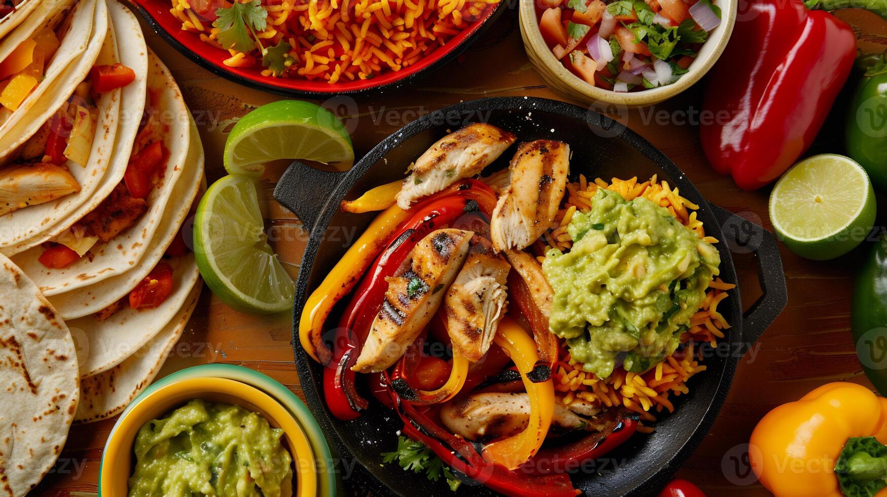 Traditional Mexican Food chicken fajitas, fajita peppers, cilantro and lime rice, tortillas, guacamole and salsa photo