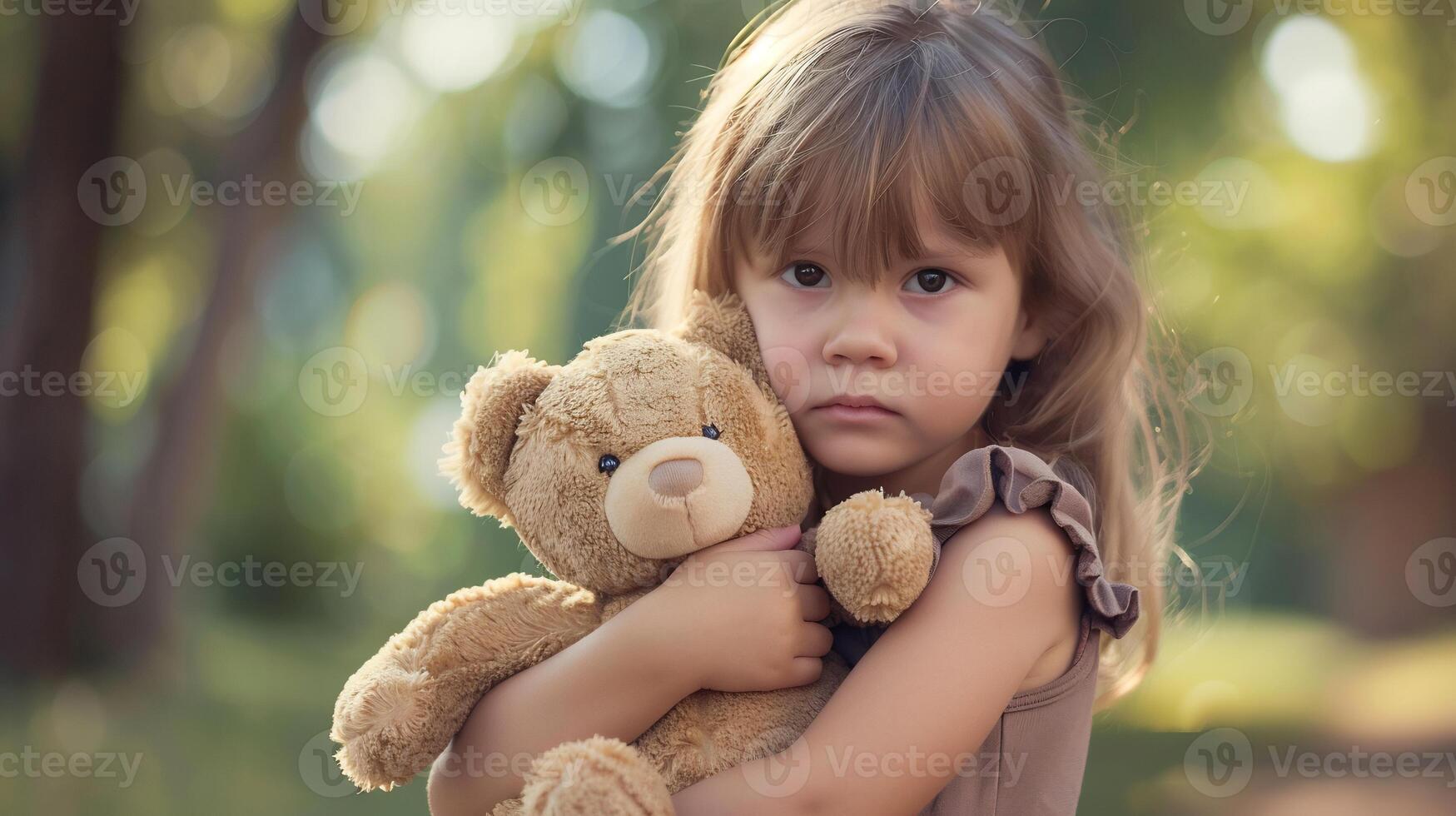Adorable sad girl with teddy bear in park, Little girl is hugging a teddy bear.Upset child photo