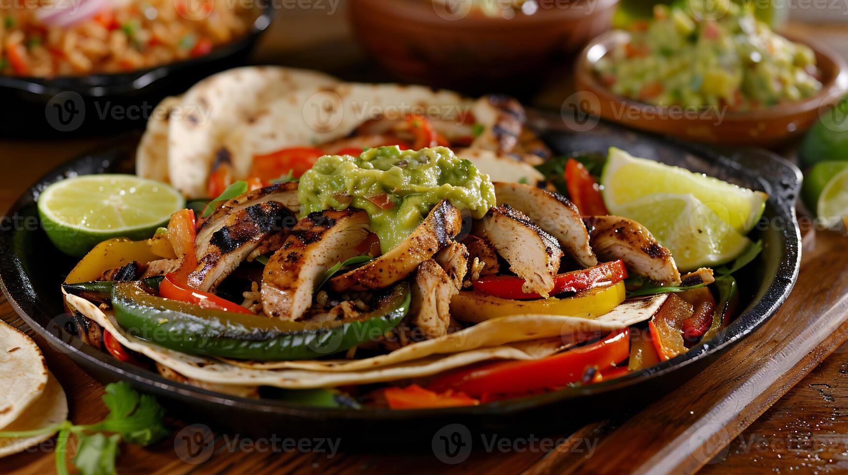 Traditional Mexican Food chicken fajitas, fajita peppers, cilantro and lime rice, tortillas, guacamole and salsa photo