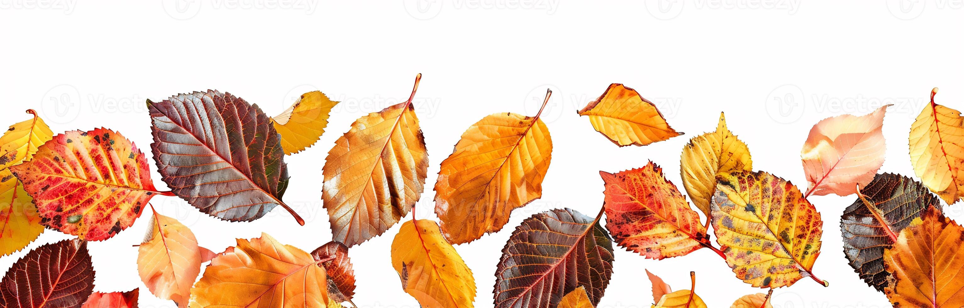 Autumn leaves border on white background. Colorful autumn beech leaves border, studio isolated on pure white background, wide panorama format photo