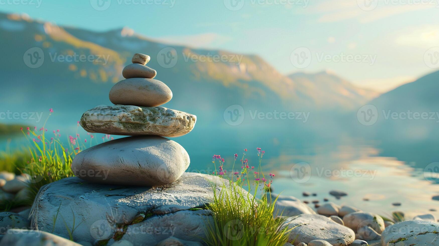 Zen meditation landscape. Calm and spiritual nature environment. Stone balance photo