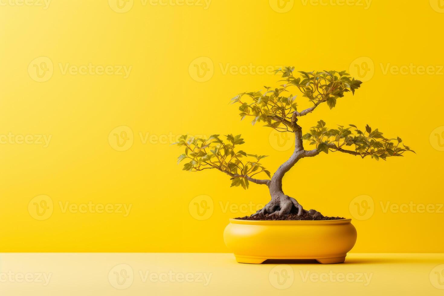 Miniature bonsai tree in a ceramic pot on a background with a copy space. photo