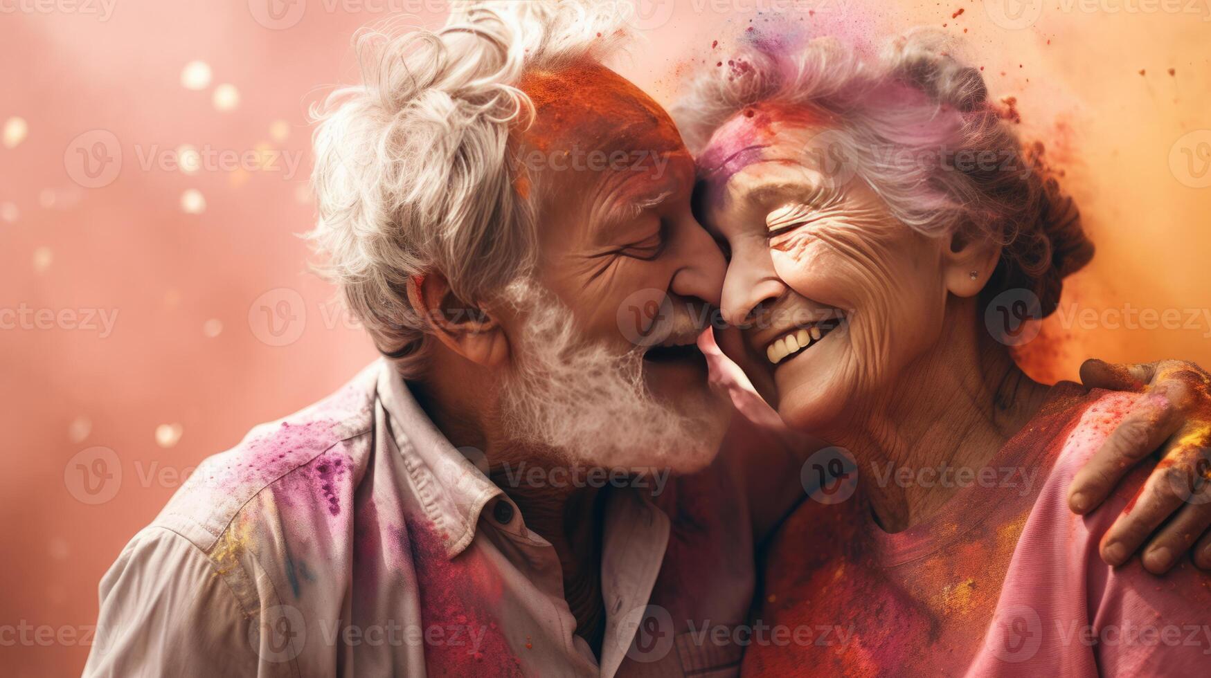 An elderly couple - a man and a woman with joyful faces at the celebration of the Holi festival. photo