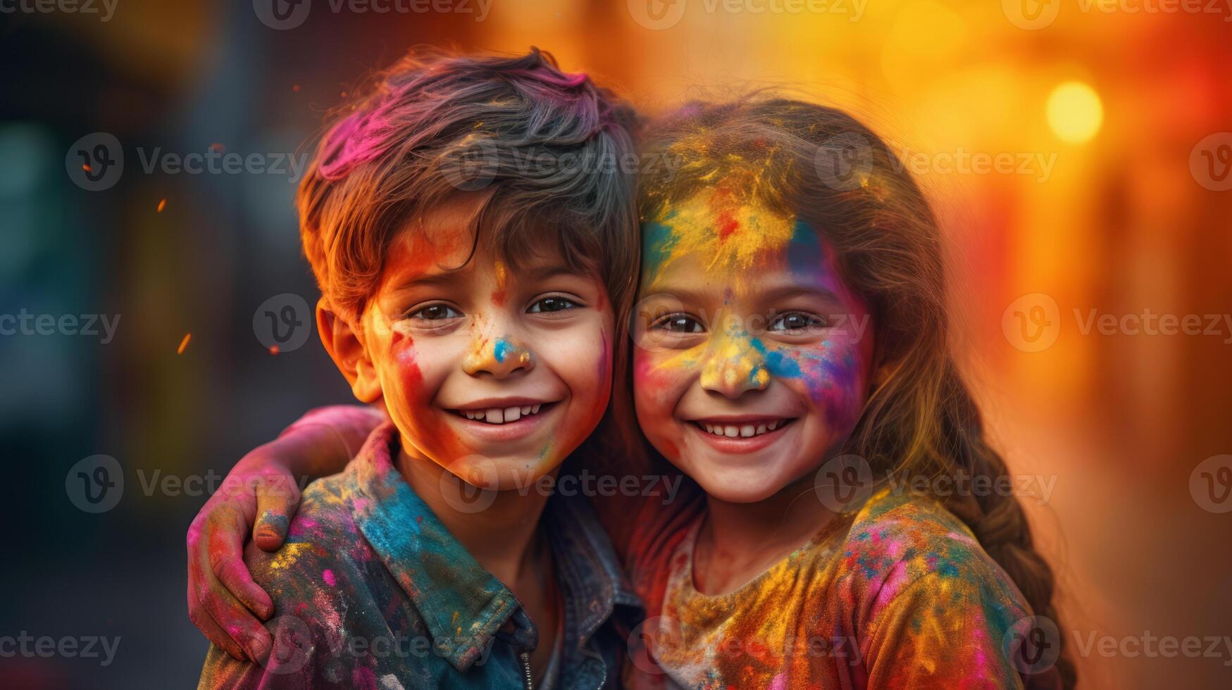 A boy and a girl with joyful faces at the celebration of the Holi festival. photo