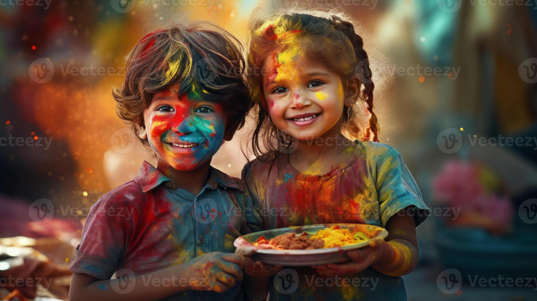 A boy and a girl with joyful faces at the celebration of the Holi festival. photo