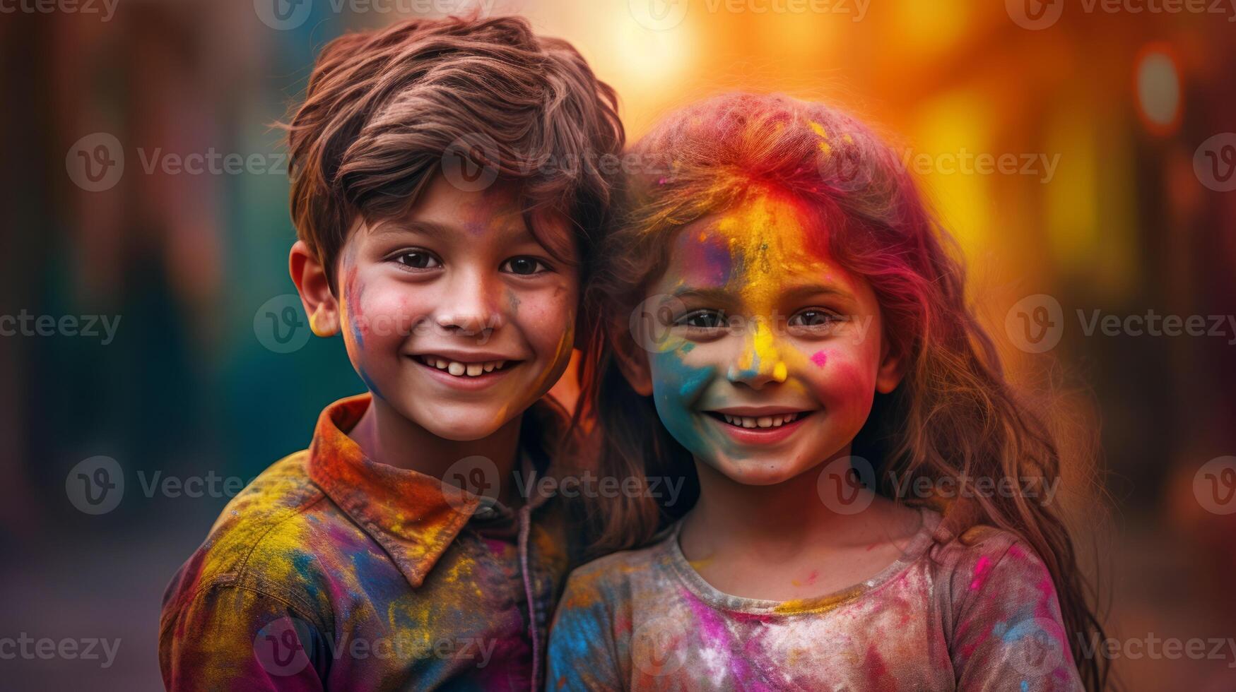 A boy and a girl with joyful faces at the celebration of the Holi festival. photo
