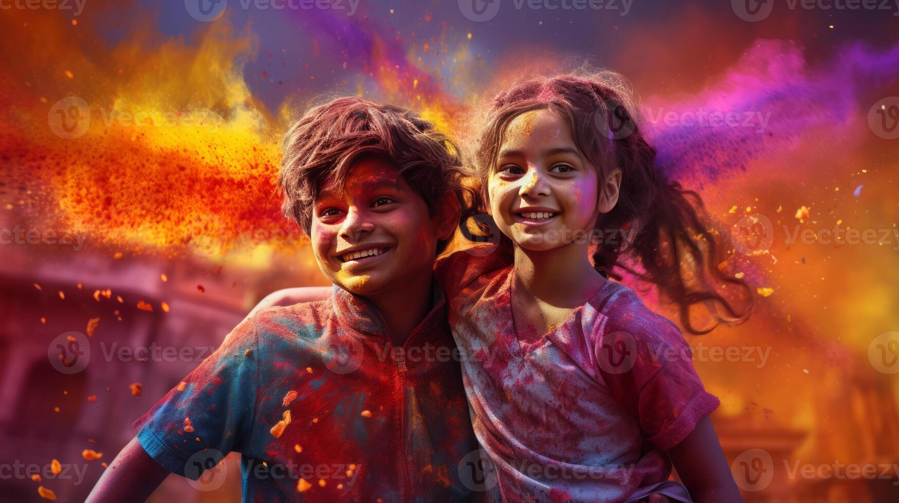 A boy and a girl with joyful faces at the celebration of the Holi festival. photo