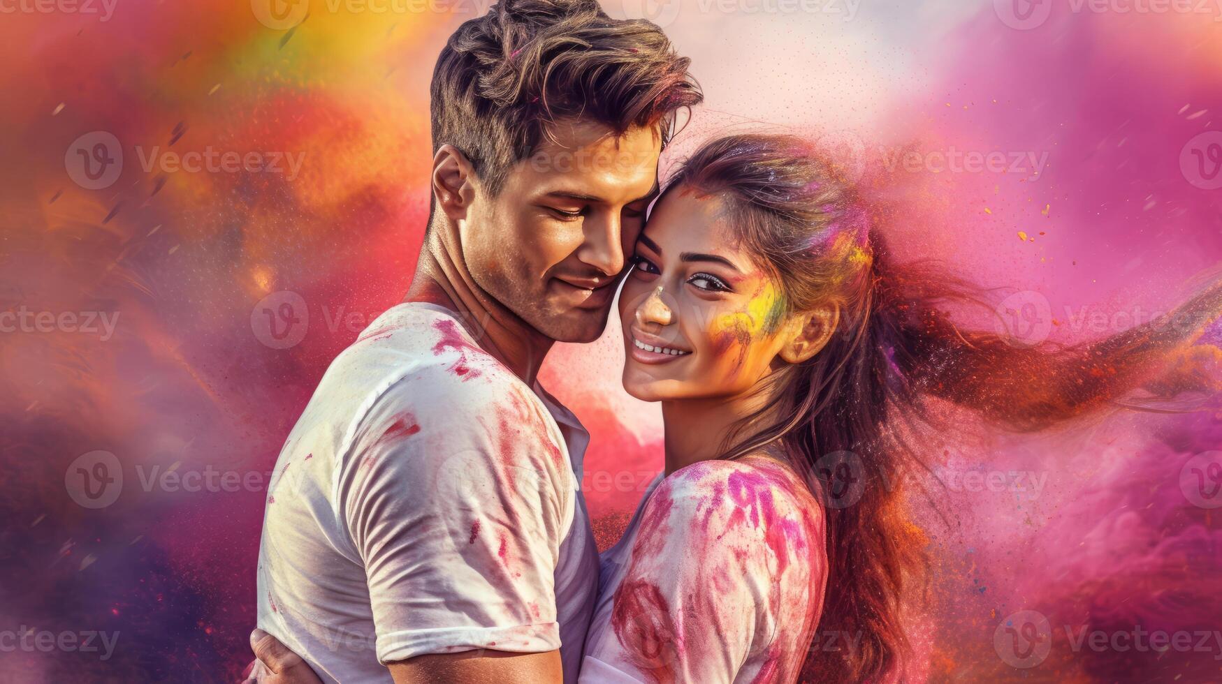 A young couple - a guy and a girl with joyful faces at the celebration of the Holi festival. photo