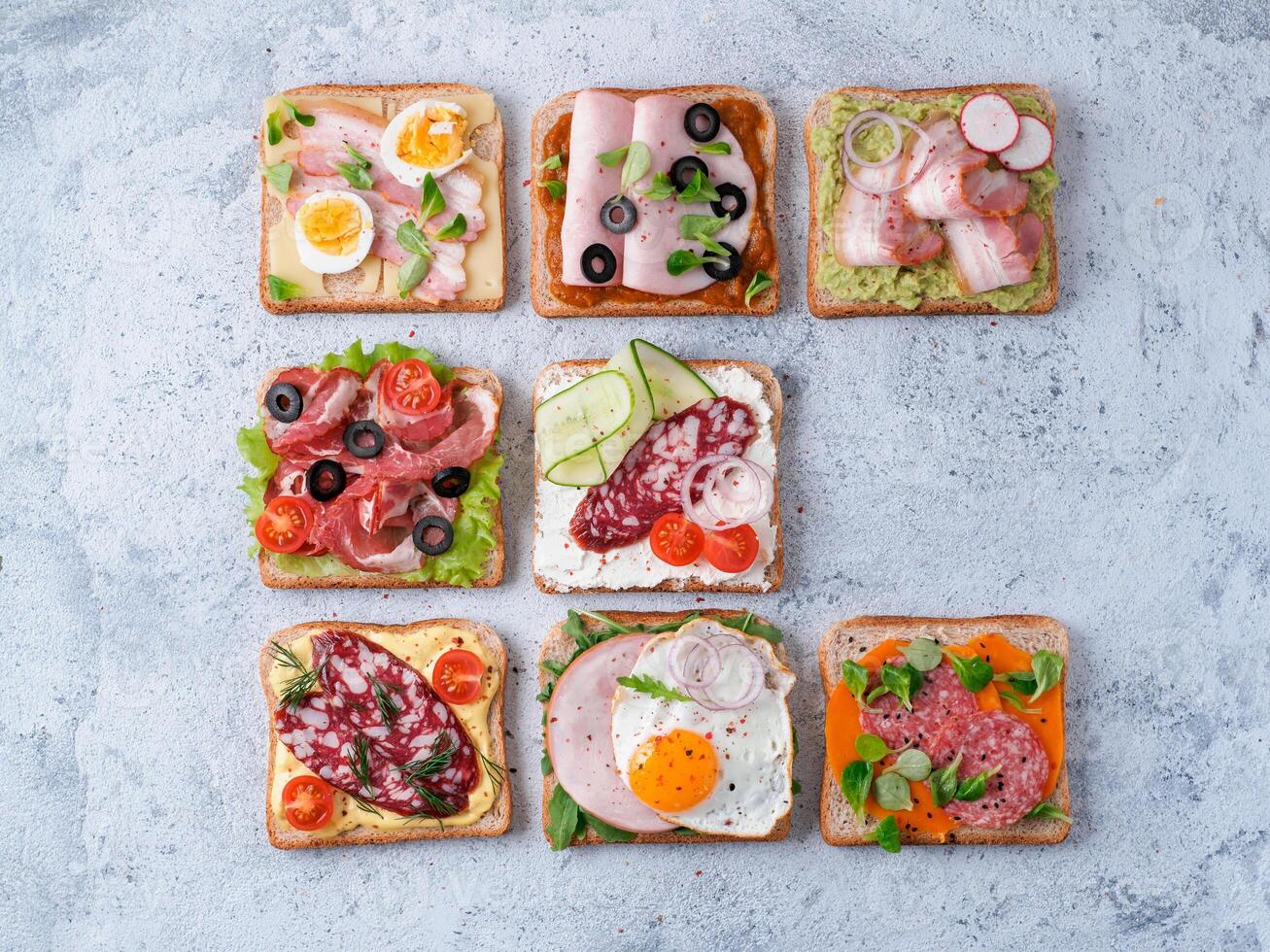 open sandwiches with different meat, copy space photo