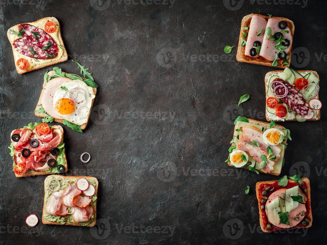 open sandwiches with different meat, copy space photo