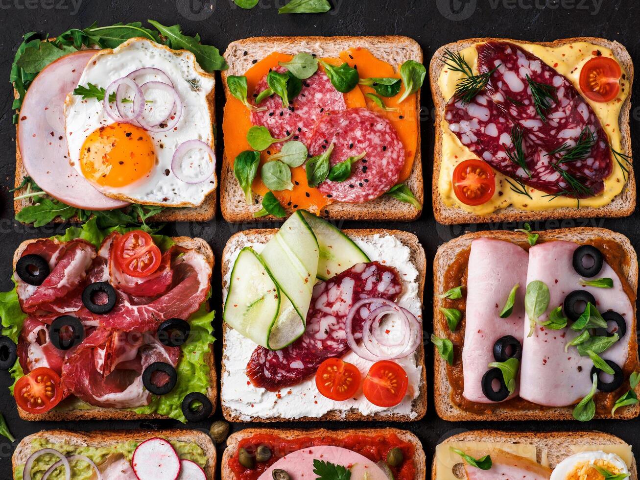 open sandwiches with different meat, top view photo