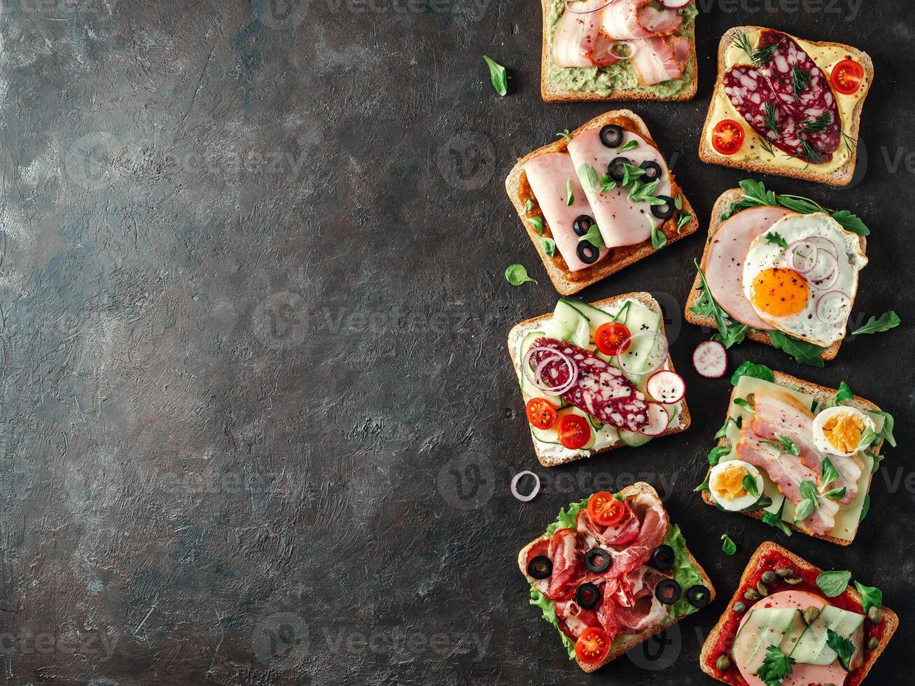 open sandwiches with different meat, copy space photo