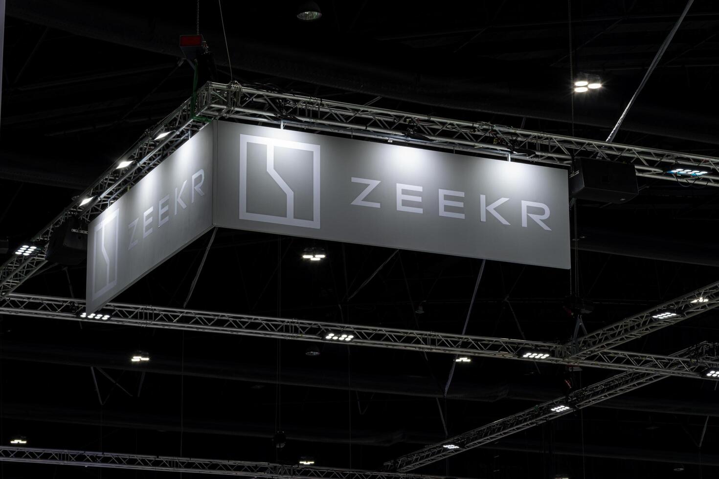 Nonthaburi Thailand 6 March 2024 Hanging billboard with logo Zeekr at Bangkok International Motor Show 2024 photo
