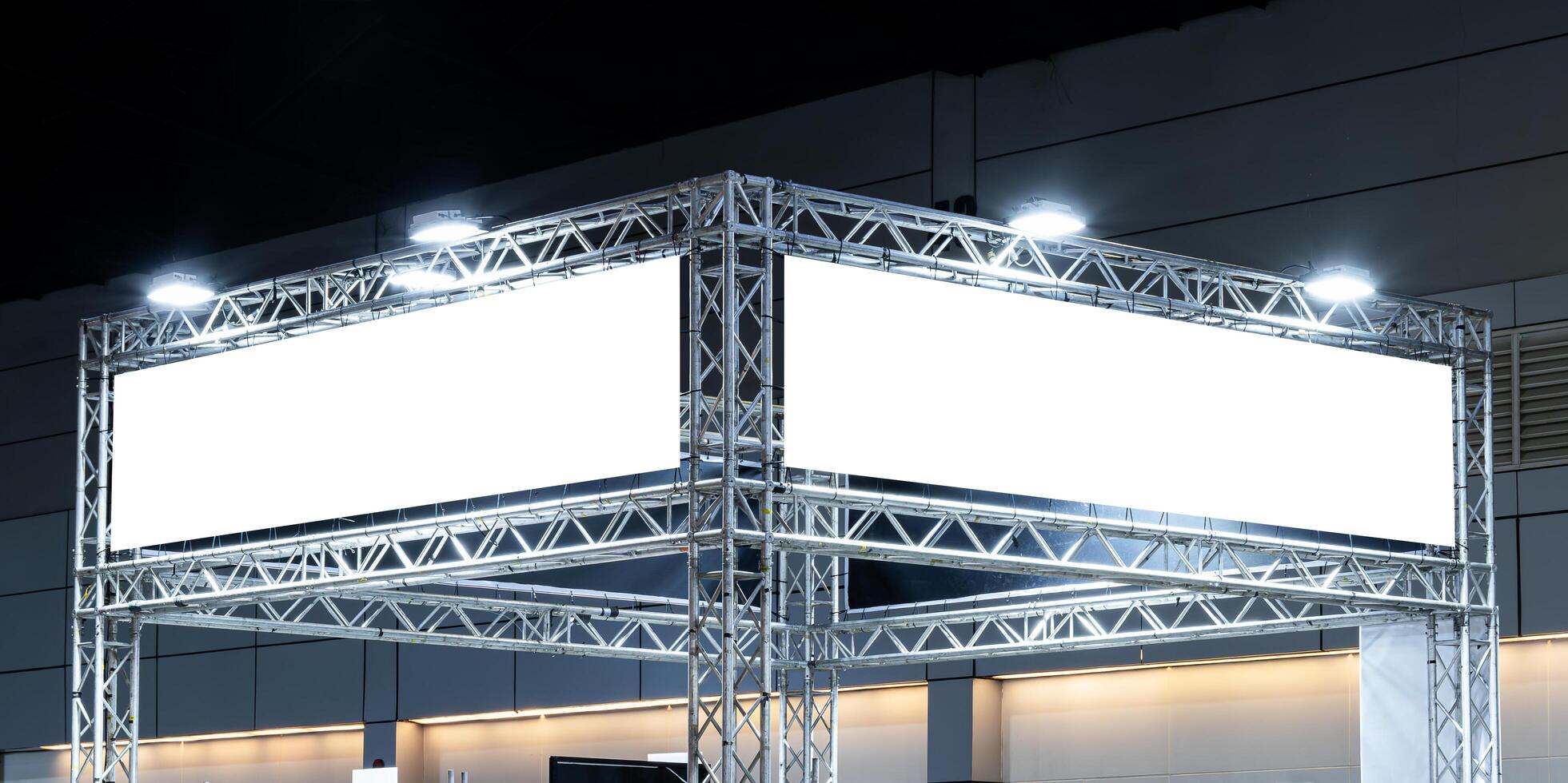 Two mock up white horizontal billboard on exhibition booth. clipping path for mock up photo