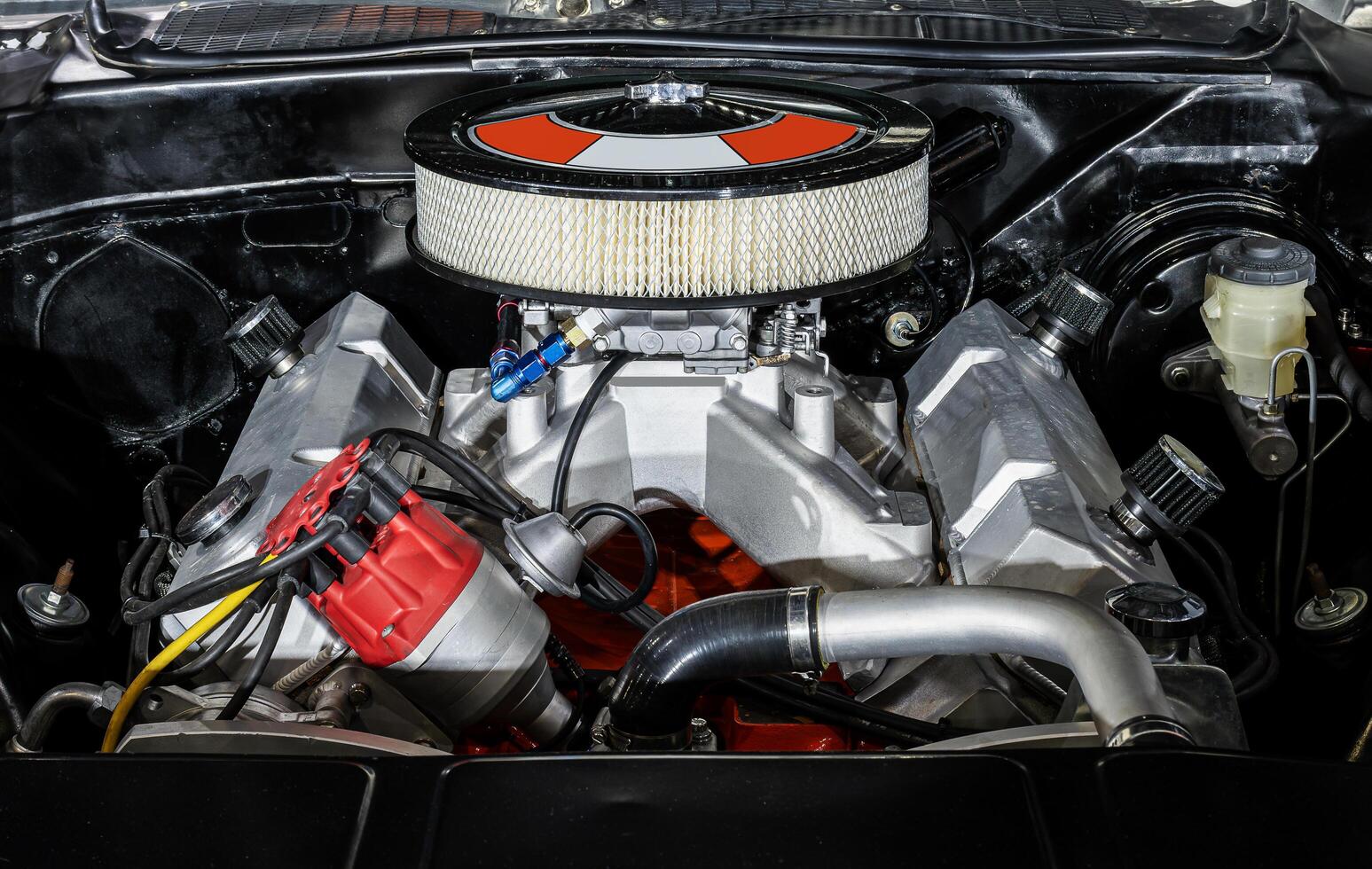 American muscle car open hood show custom V-Twin engine photo