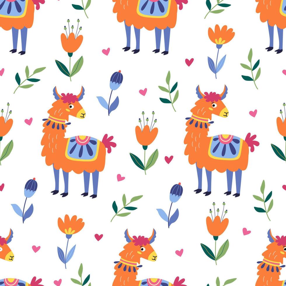 Seamless pattern with funny colorful lamas and flowers on white. Great for fabrics, wrapping papers, wallpapers, covers. Illustration in flat stylen vector