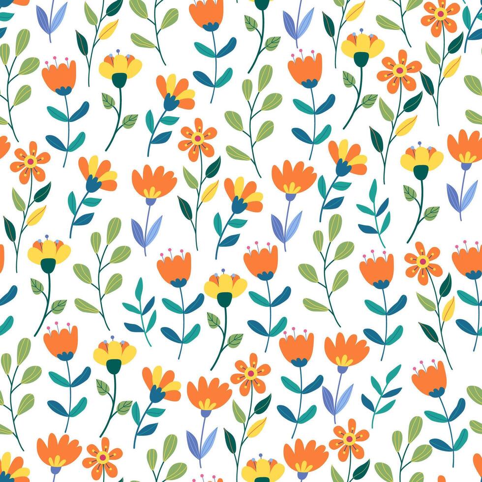Floral seamless pattern with fantasy flowers and leaves on white. Great for fabrics, especially for linens, wrapping papers, wallpapers, covers. Hand drawn illustration in flat style vector