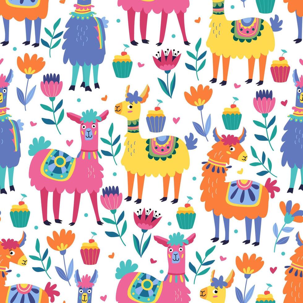 Seamless pattern with funny colorful lamas and flowers on white. Great for fabrics, wrapping papers, wallpapers, covers. Illustration in flat style vector