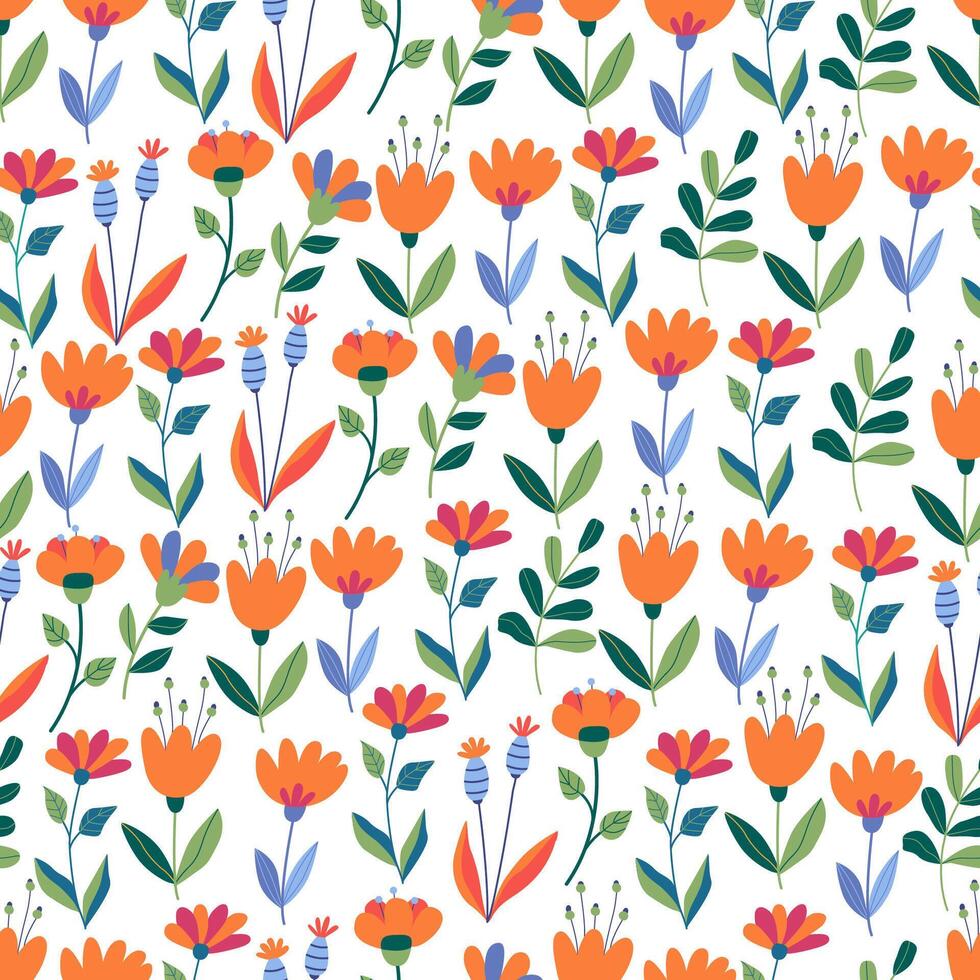 Floral seamless pattern with fantasy flowers and leaves on white. Great for fabrics, especially for linens, wrapping papers, wallpapers, covers. Hand drawn illustration in flat style vector