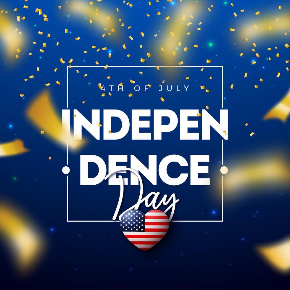 4th of July Independence Day of the USA Illustration with American Flag Pattern Heart, Gold Star and Falling Confetti on Blue Background. Fourth of July National Celebration Design with vector