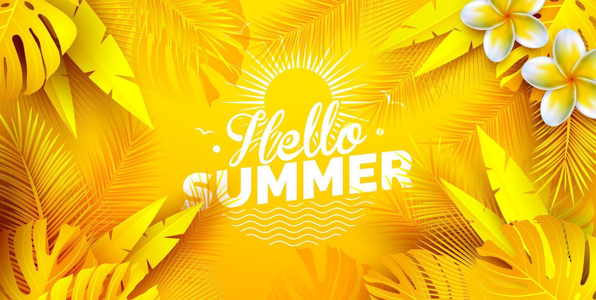 Hello Summer Time Holiday Illustration with Tropical Palm Leaves and Flower on Sun Yellow Background. Summer Vacation Design Template for Banner, Flyer, Invitation, Brochure, Poster or Greeting vector