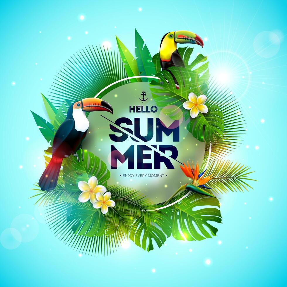 Tropical Summer Holiday Design with Toucan Bird and Parrot Flower on Blue Background. Typography Illustration on Blurred Glass with Exotic Palm Leaves and Phylodendron for Banner, Flyer vector