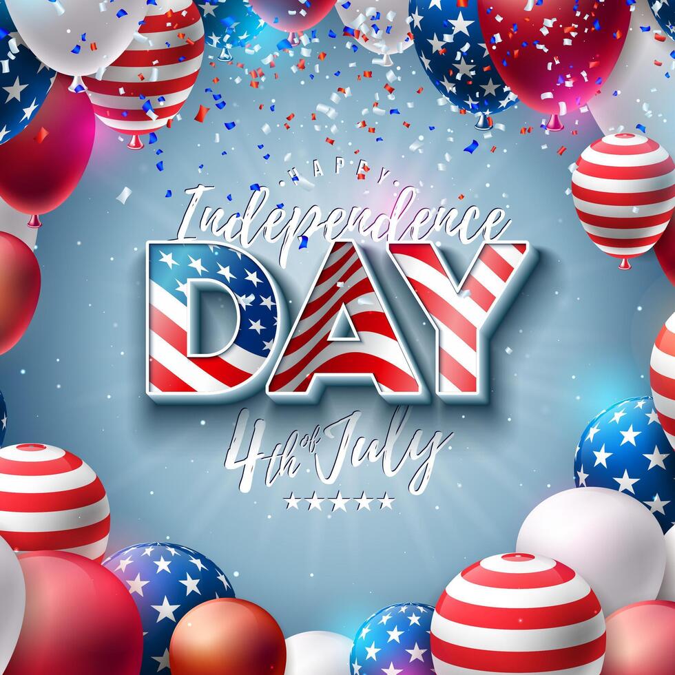 4th of July Independence Day of the USA Illustration with American Flag in 3d Lettering, Party Balloon and Falling Confetti on Light Background. Fourth of July National Celebration Design with vector