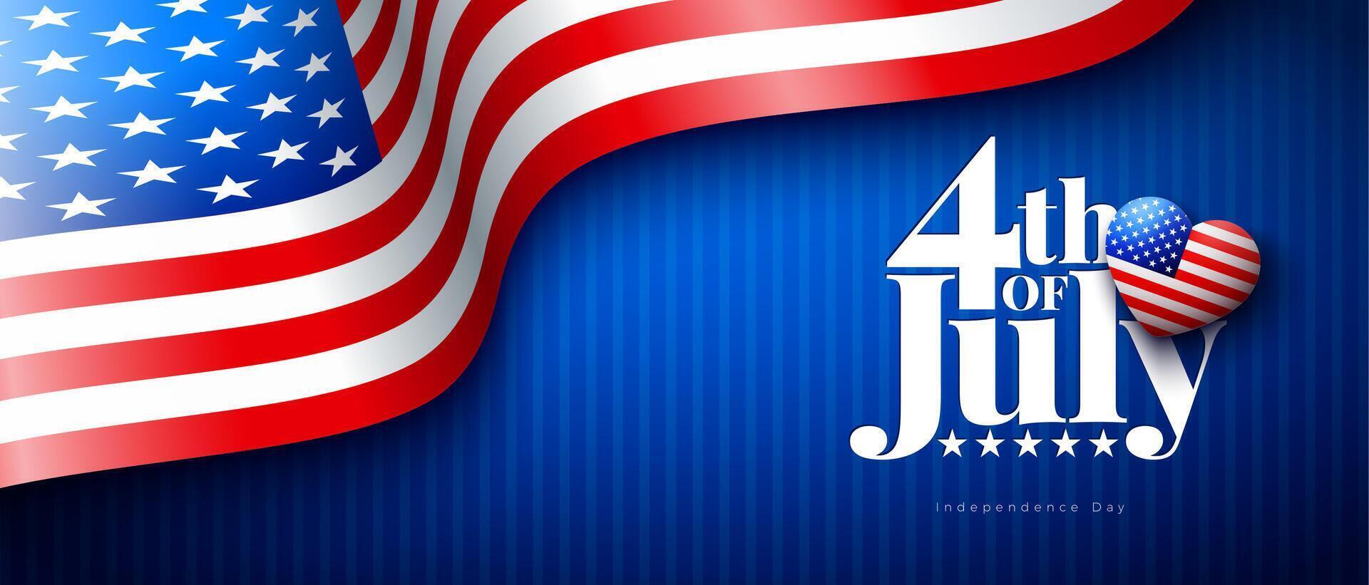 4th of July Independence Day of the USA Illustration with American Flag Pattern Heart on Blue Background. Fourth of July National Celebration Design with Typography Letter for Banner, Greeting vector