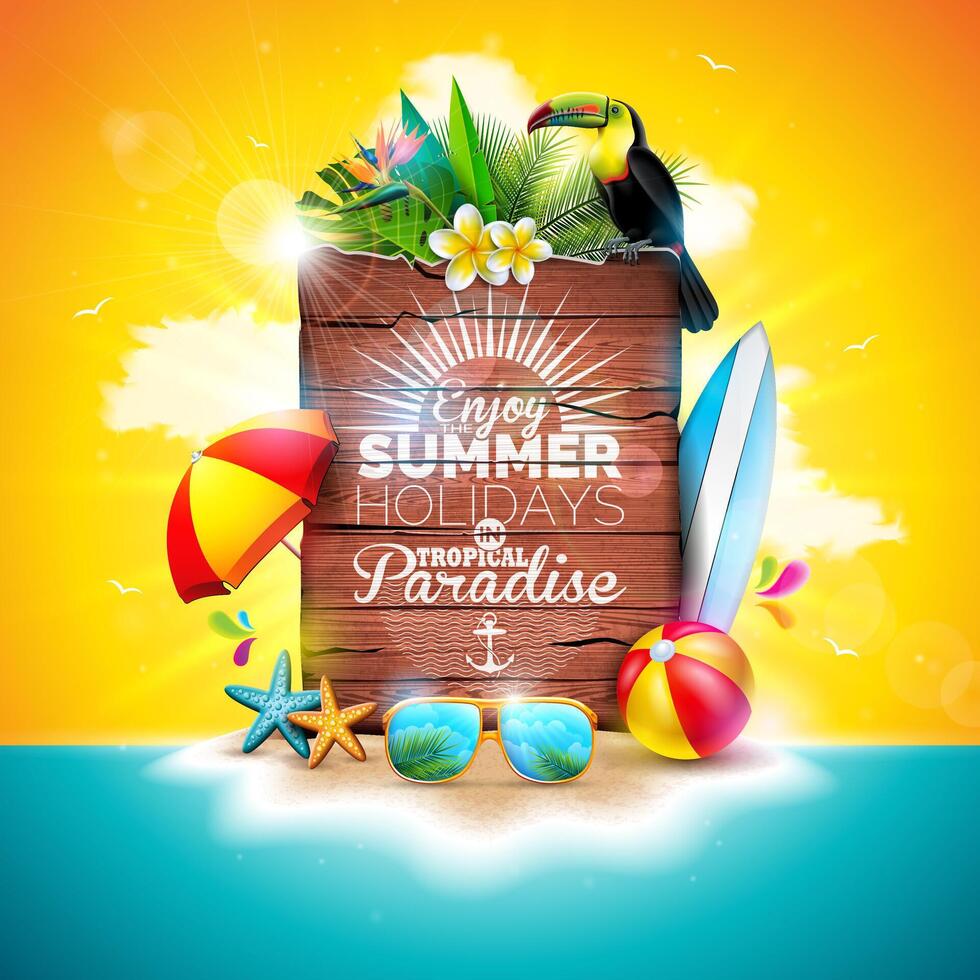 Tropical Summer Holiday Design with Toucan Bird and Parrot Flower on Blue Background. Typography Illustration on Blurred Glass with Exotic Palm Leaves and Phylodendron for Banner, Flyer vector