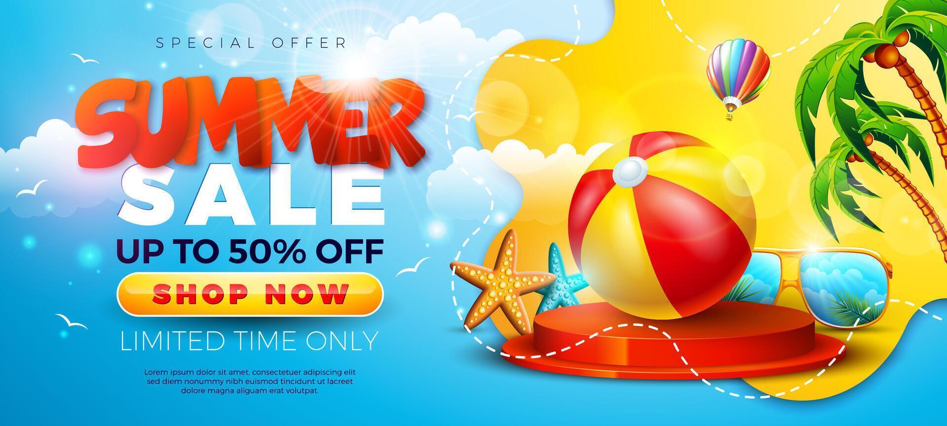 Summer Sale Design with Stage Podium, Palm Tree and Beach Ball on Abstract Sun Yellow Background. Tropical Business Illustration with Special Offer Typography for Coupon, Voucher, Banner, Flyer vector