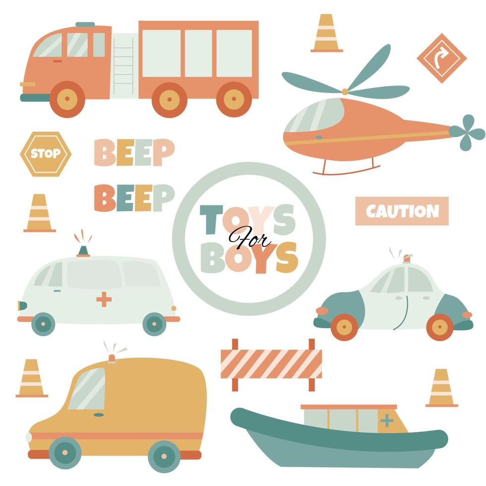 set of children's toys for boy on the theme of rescue vehicles on a white background vector