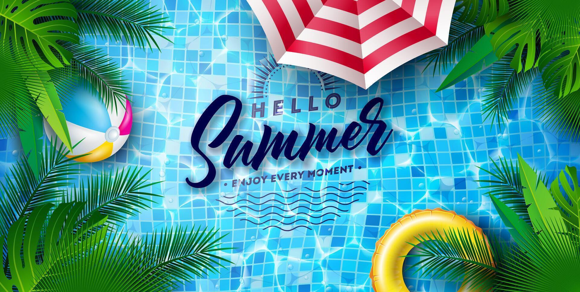 Hello Summer Illustration with Swimbelt, Sunshade and Beach Ball on Water in the Tiled Pool Background. Summer Holiday Design with Exotic Palm Leaves for Banner, Flyer, Invitation, Brochure vector