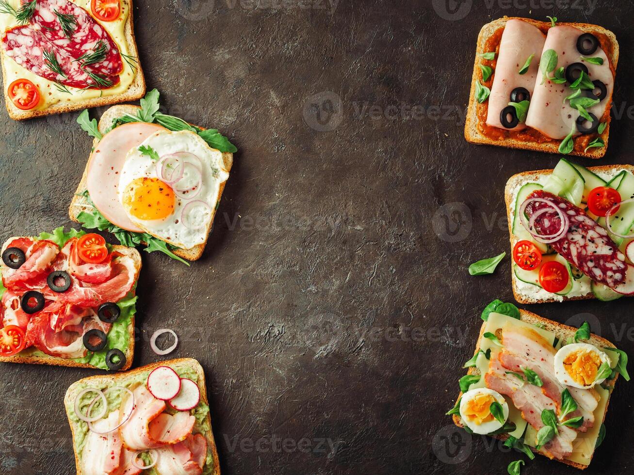 open sandwiches with different meat, copy space photo
