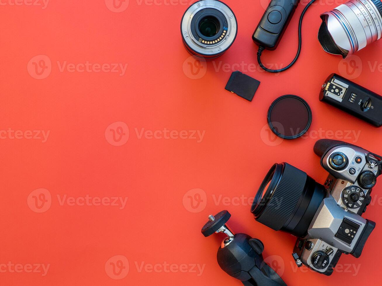 Camera and accessories on table, copy space photo