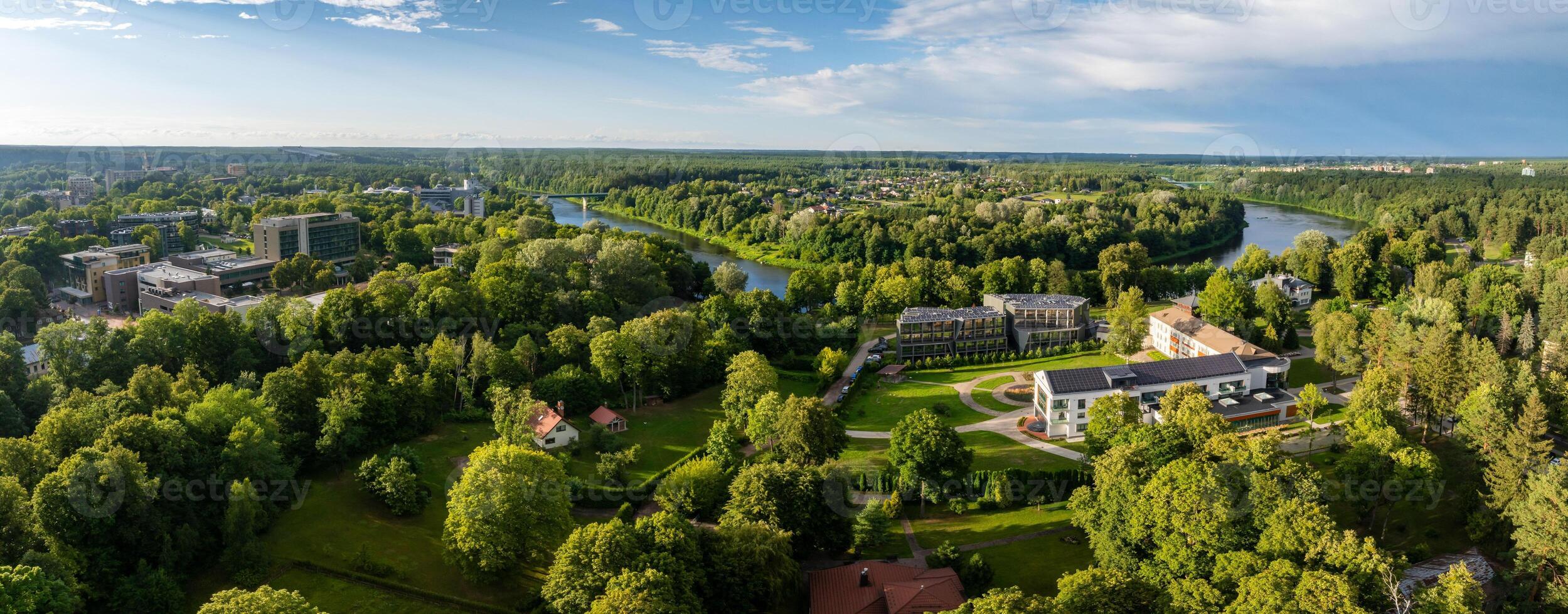 Aerial panoramic view of Lithuanian resort Druskininkai. Druskininkai in autumn colours, drone picture of multi coloured trees in most beautiful city of Druskininkai in Lithuania photo