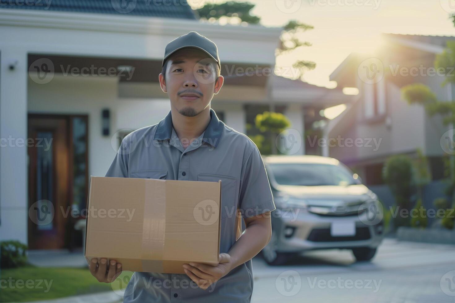 Handsome asian man in gray uniform holding blank cardboard parcel, delivery man standing in front of the house photo