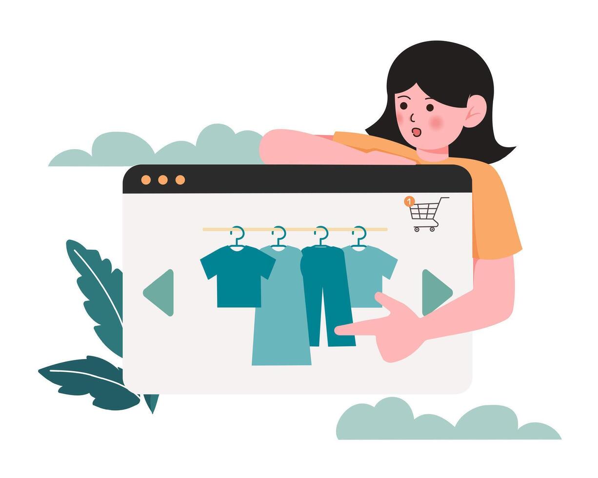 woman pointing at the screen to buy online store. shopping online concept. Remote modern shopping using technology from anywhere. illustration. vector