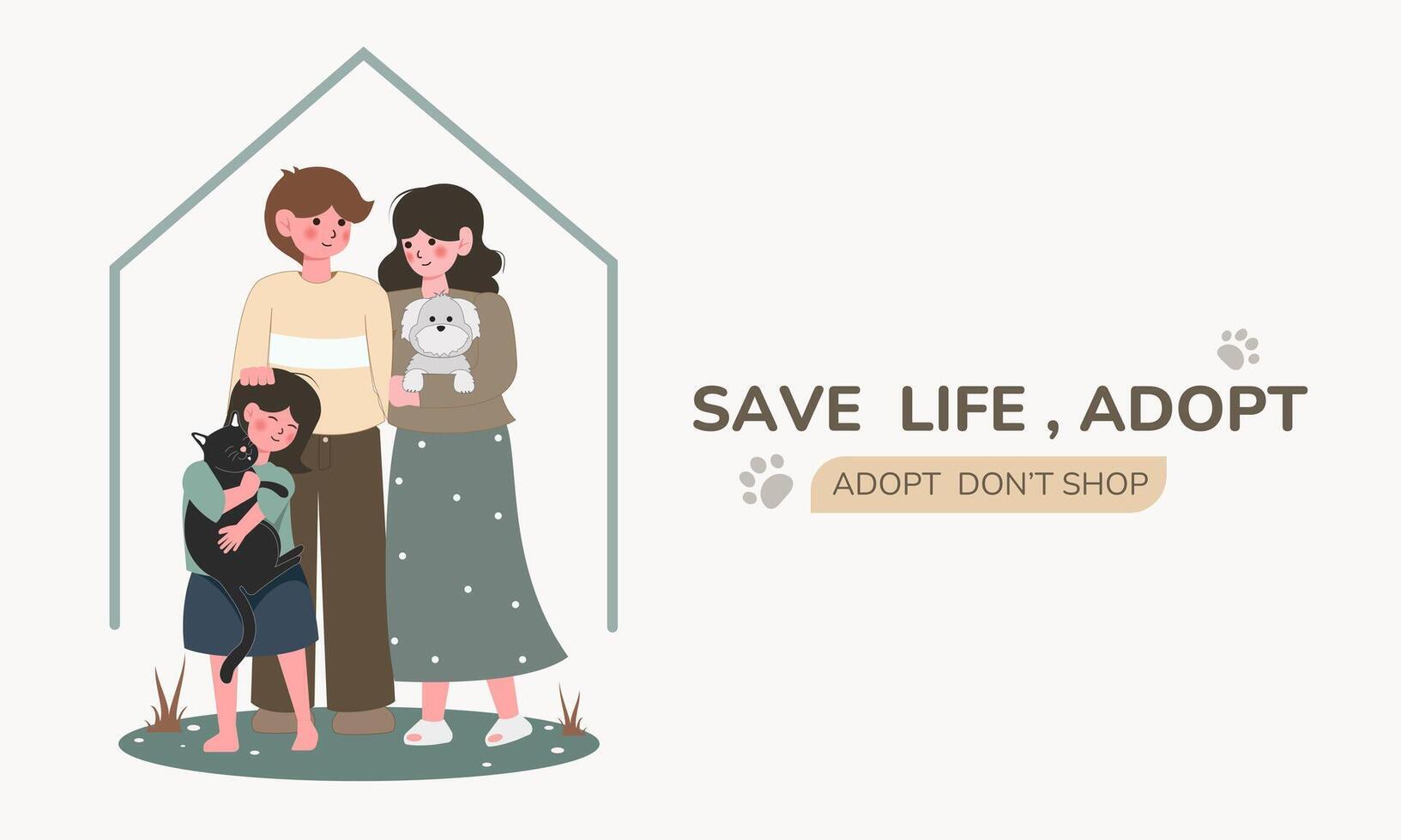 Happy family adopting dog. Little girl greeting new friend. Charity and animal adoption concept. flat banner illustration vector