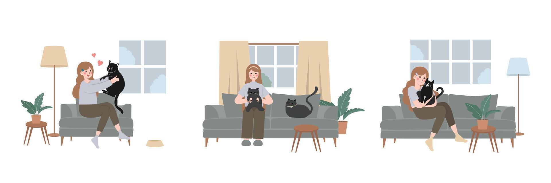 Happily cuddling beloved cat, Experiencing joy and comfort of pet ownership, Pet Adoption concept. Cartoon Illustration vector