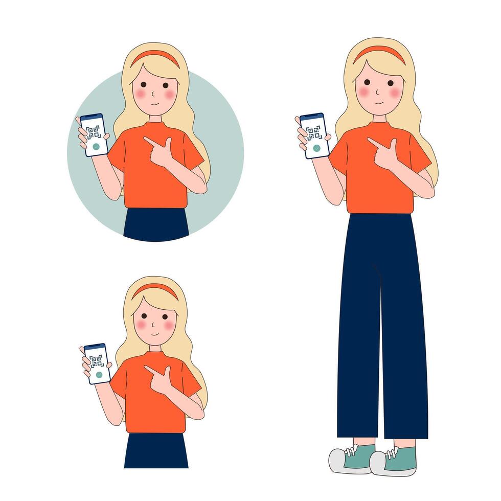 Woman with QR code concept. Woman with smartphone reads bar code. Modern technologies and innovations. Electronic commerce, online shopping and shortened link. Cartoon flat illustration vector