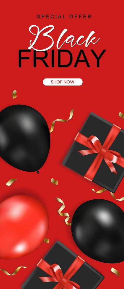 Black friday vertical sale banner with realistic glossy balloons, gift box and ribbon text on red background. illustration vector
