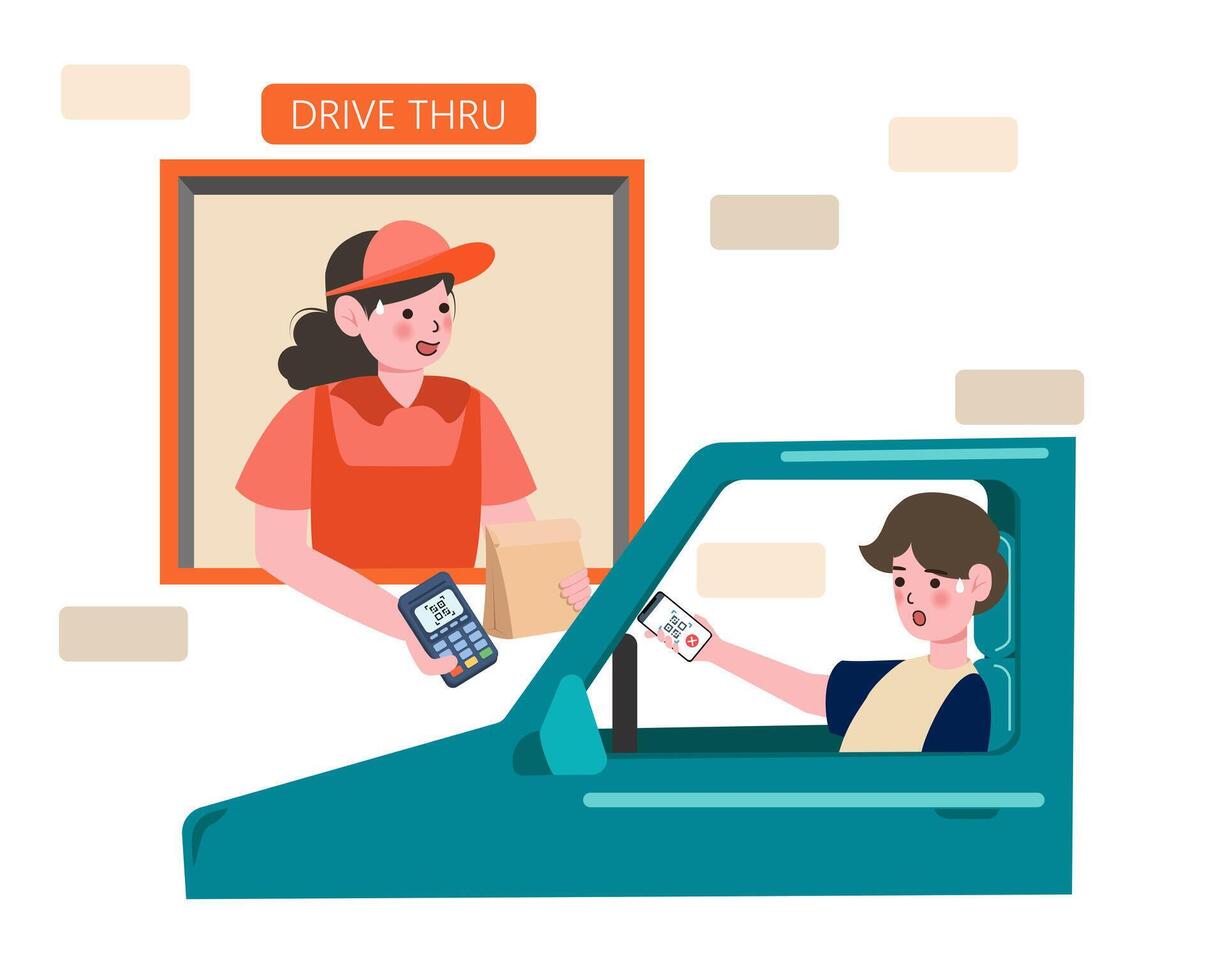 Payment from Car, Drive Thru System. Characters Pay for Takeaway Food Service with payment system or scan qr code. paying problem fail or reject on screen . Illustration vector