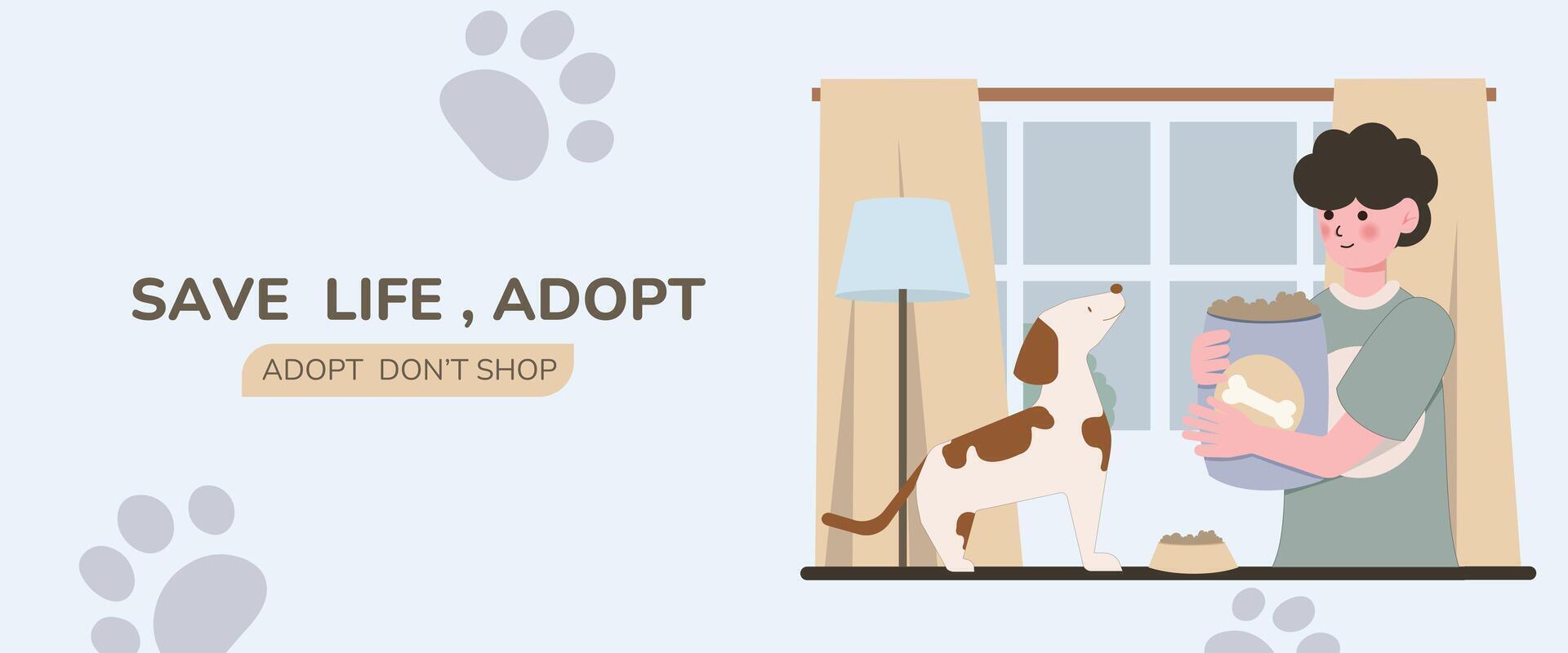 Cute little dog showing tongue inside cardboard box with adopt me text. homeless animals, adopt me concept. Social work or volunteering recent flat illustration vector