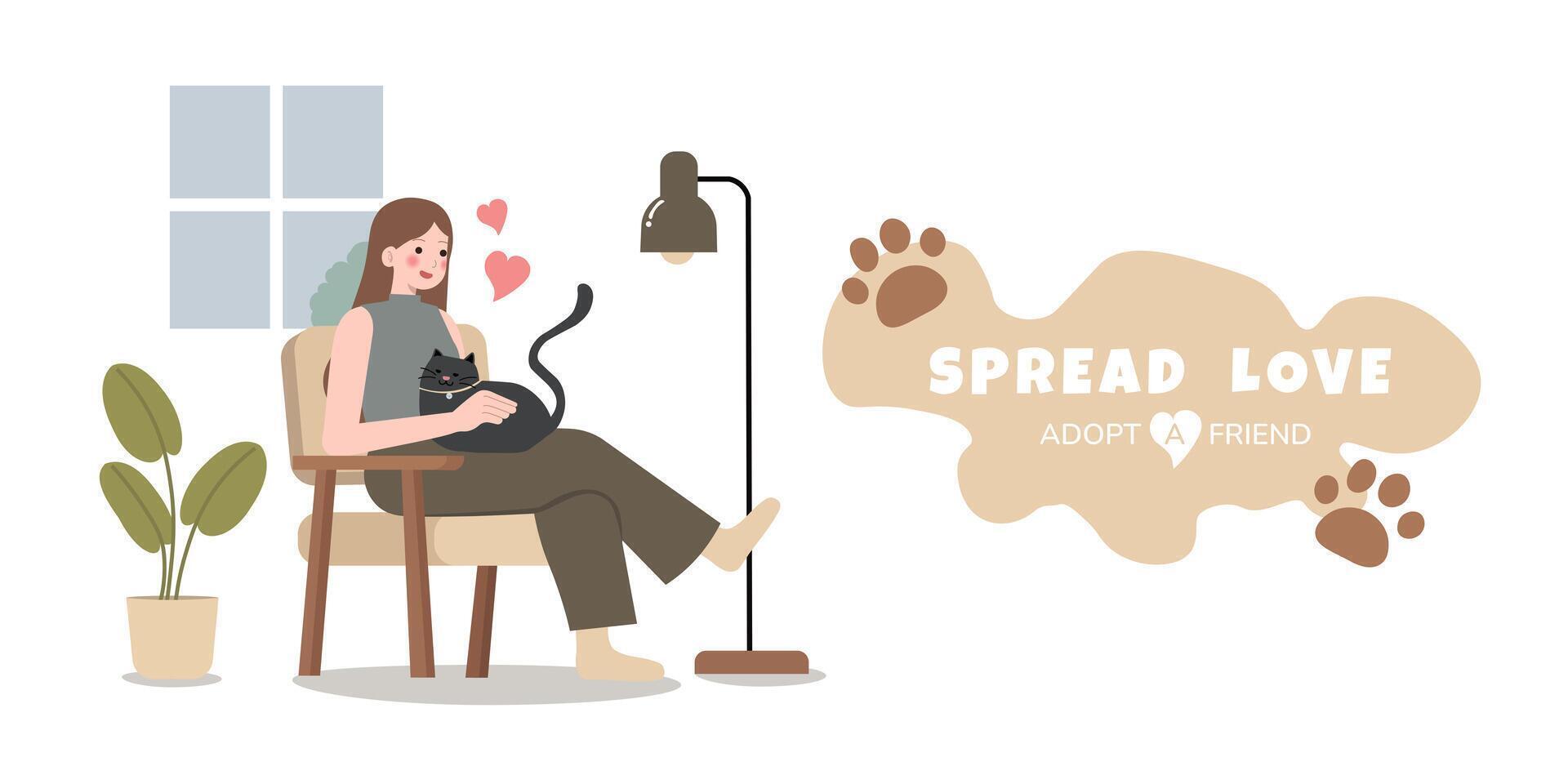 Happily cuddling beloved cat, Experiencing joy and comfort of pet ownership, Pet Adoption concept. Cartoon Illustration vector