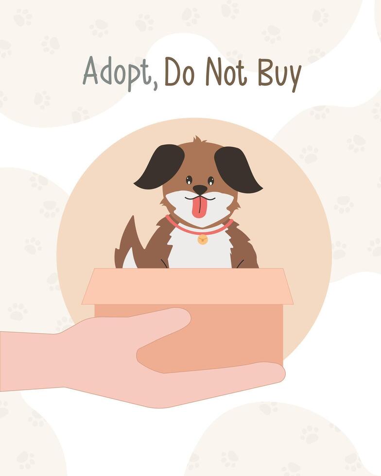 Cute little dog showing tongue inside cardboard box with adopt me text. homeless animals, adopt me concept. Social work or volunteering recent flat illustration vector