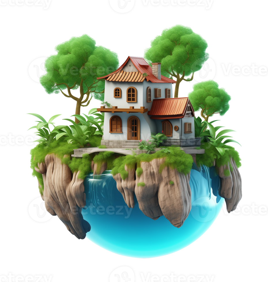 Fantasy Floating Island House 3D Style Isolated on Transparent Background png