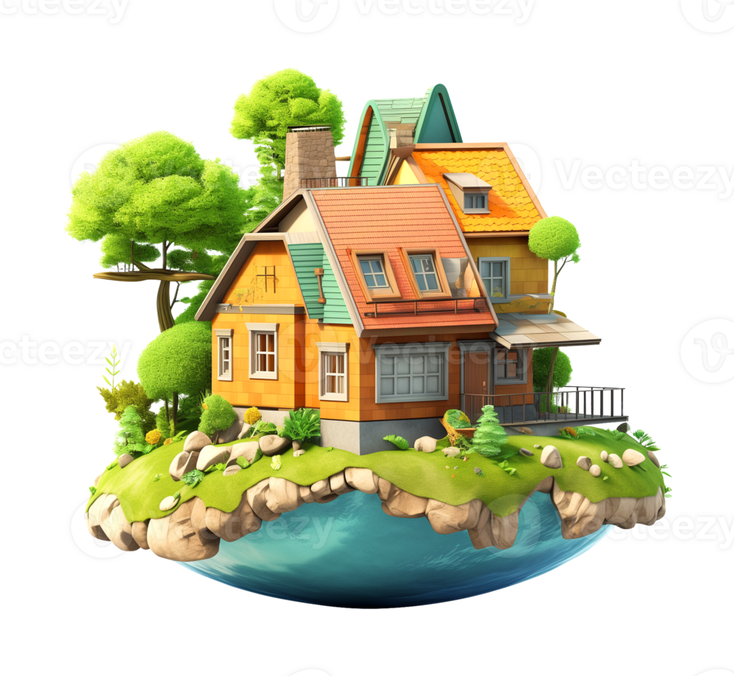 Fantasy House Floating Island 3D Style Isolated on Transparent Background png