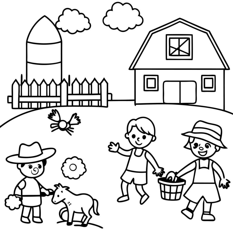 On the Farm Coloring Book. Farm outline vector