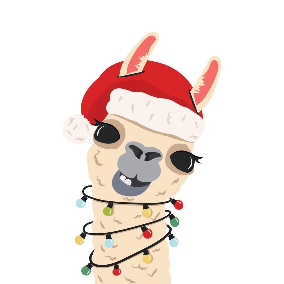 Alpaca or lama wearing a Santa hat with light bulb vector