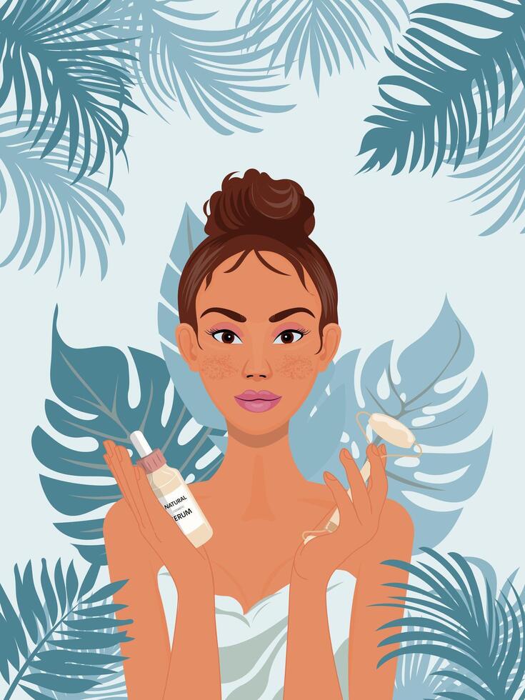 Illustration of natural skincare products with an attractive female model beaming. In her hands, she holds skincare essentials like a facial roller and serum, against a soothing, soft pale blue vector